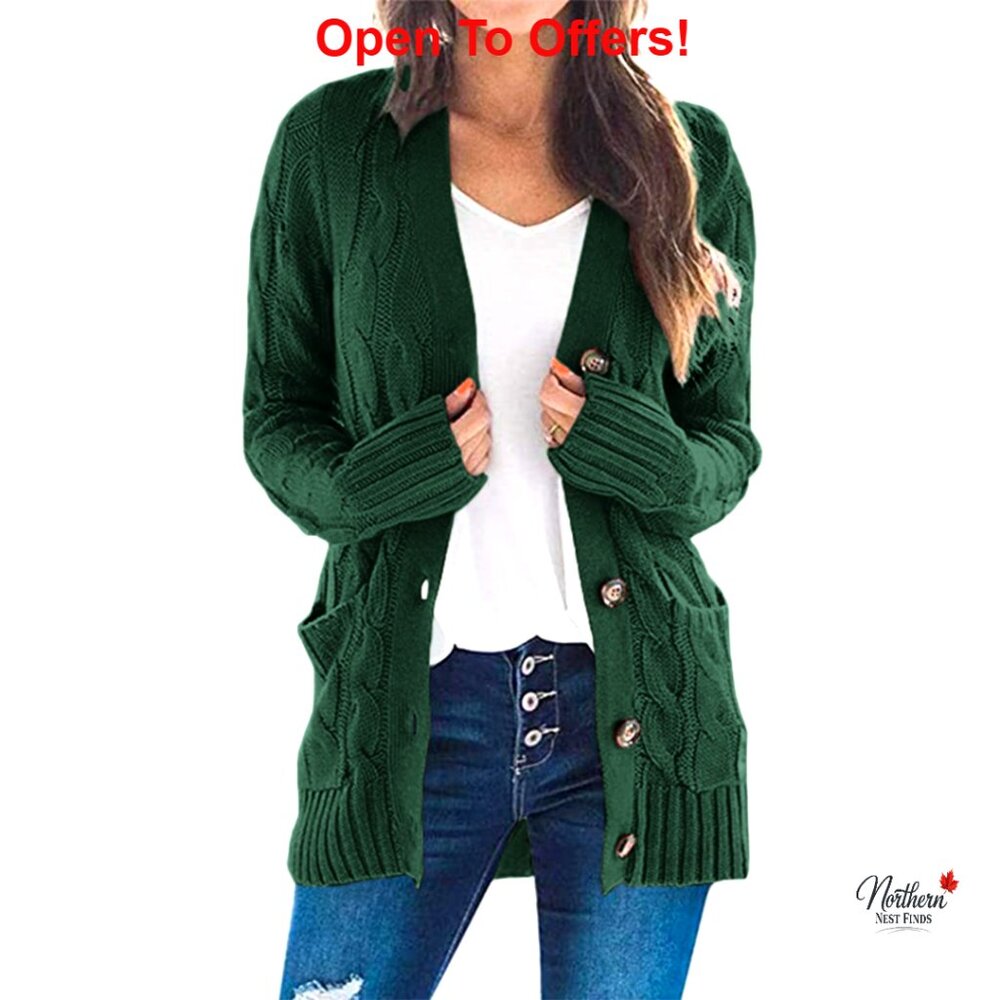 Loose Fit Cable Knit Cardigan Sweater Open Front Button Down Long Sleeve